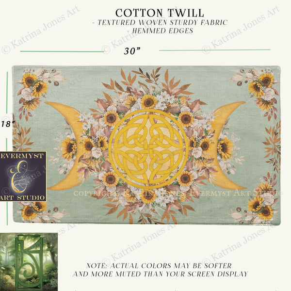 The image is a printed fabric with a floral design featuring sunflowers and a crescent moon. The fabric has a textured woven stiff fabric with hemed edges.