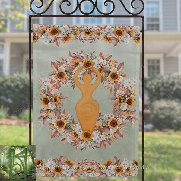 a banner with a sunflower design and a figure of a woman, surrounded by a wreath of flowers.