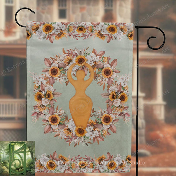 a banner with a floral design and a golden figure of a woman surrounded by sunflowers.
