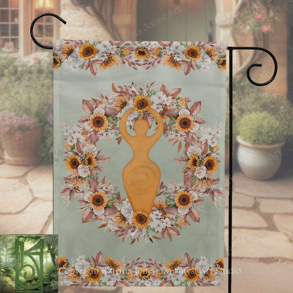 a banner with a sunflower design and a golden female figure, surrounded by a wreath of flowers.
