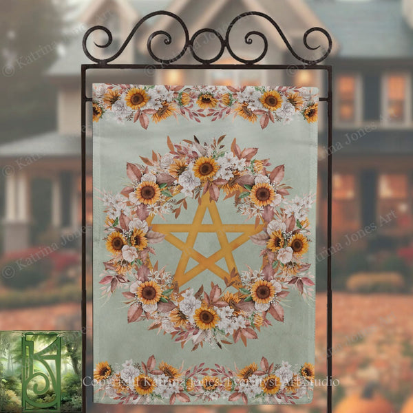 a banner with a floral design and a star, hanging on a metal stand.
