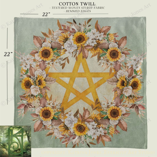 a square-shaped textile with a floral design and a star-shaped motif. The design includes sunflowers, leaves, and other flowers arranged around the star. The text "COTTON TWILL" and "22" are visible, indicating the size and material of the textile.