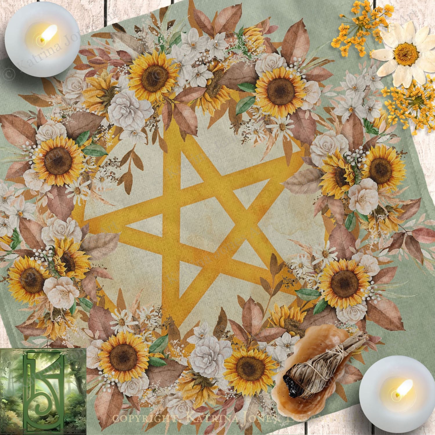 a vibrant floral arrangement with sunflowers, roses, and other flowers surrounding a large star-shaped design. The arrangement is set against a green background, creating a visually striking and harmonious composition.