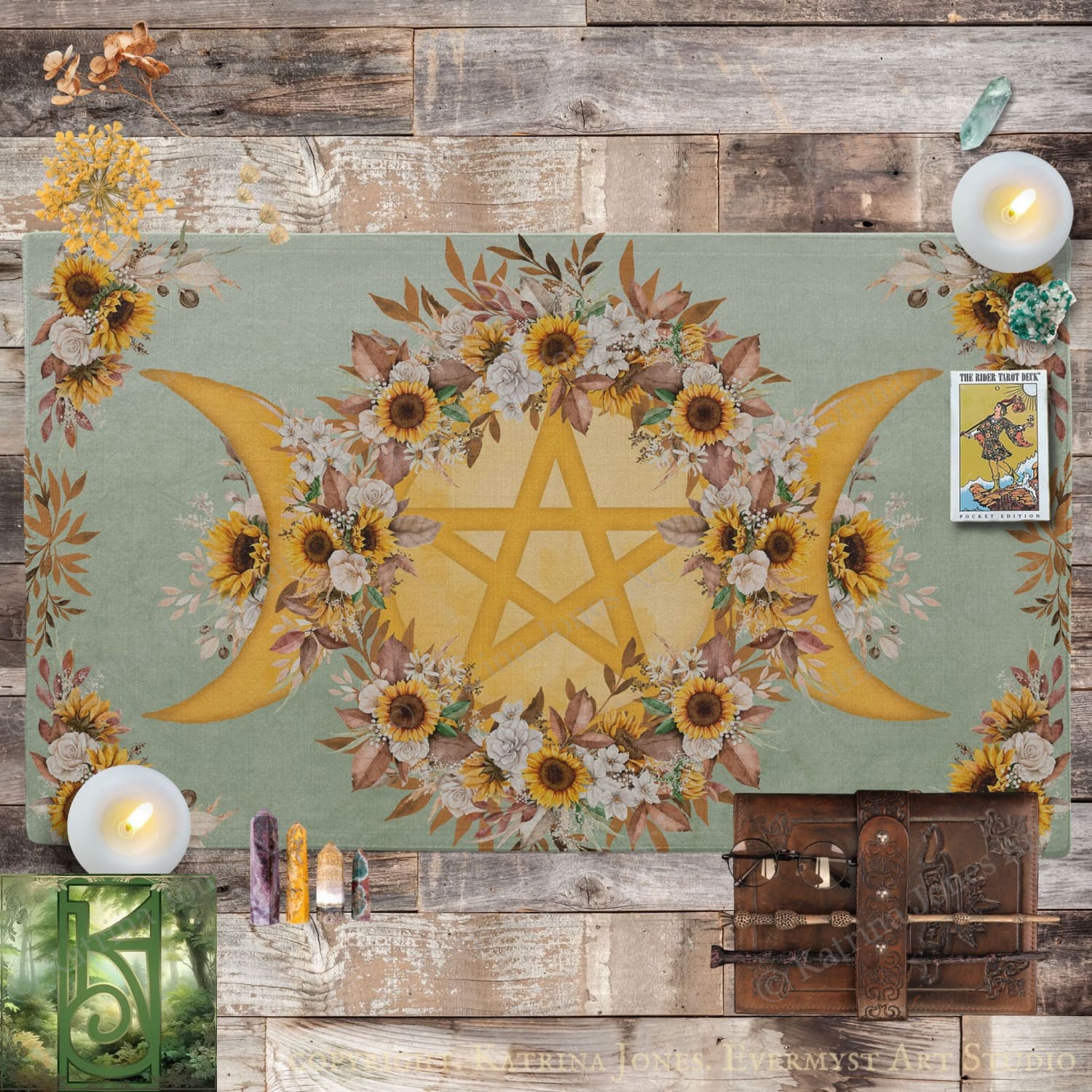 a vibrant and colorful design with a star-shaped motif surrounded by a floral arrangement, including sunflowers and other flowers. The design is set against a wooden background, creating a rustic and earthy atmosphere. The image also includes various objects such as candles, crystals, and a book, suggesting a connection to spirituality or a creative workspace.