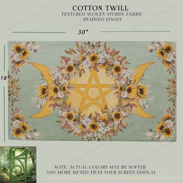 The image is a digital illustration of a textile design featuring a sunflower motif with a star and crescent symbol, surrounded by floral elements.
