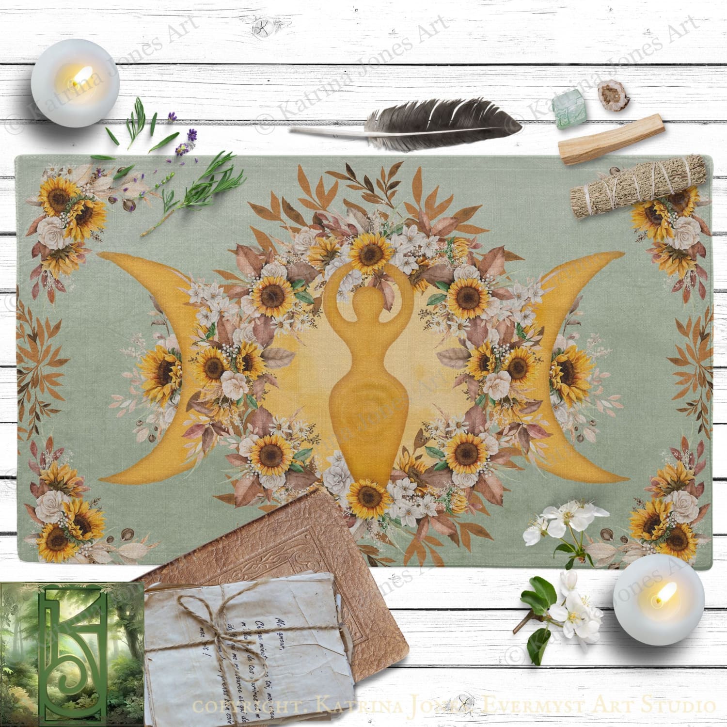 a vibrant and colorful design with sunflowers and a moon motif, surrounded by various objects such as candles, feathers, and crystals.