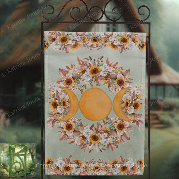 a banner with a floral design and three sunflowers, with a large yellow circle in the center.