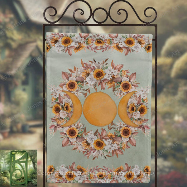 a banner with a floral design and three sunflowers, with a large yellow circle in the center.