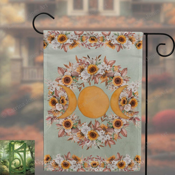 A banner with a floral design featuring sunflowers, crescent moons, and autumn leaves.