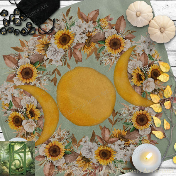 The image is a collage featuring a wreath of flowers and sunflowers, a yellow fruit, and a candle, all set against a green background.