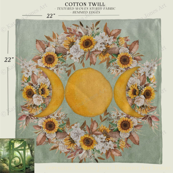 The image is a square print featuring a floral design with sunflowers, crescent moons, and leaves. The print is described as a "Cotton Twill" with a textured woven stiff fabric, and it has a 22-inch size.