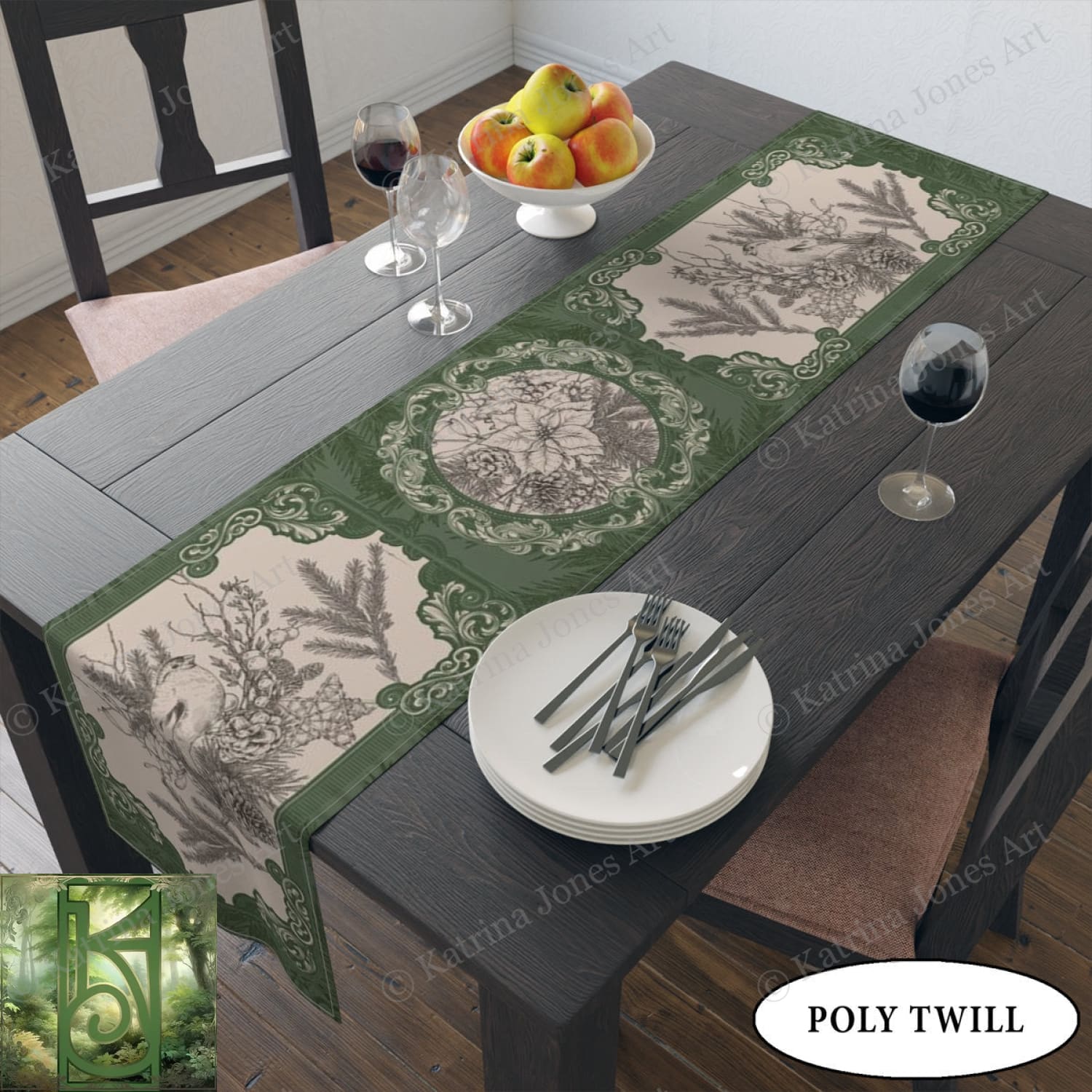 Green Woodland Bird Altar Cloth Table Runner For Tarot Reading And Witch Decor