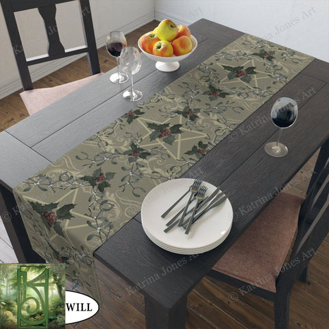 Holly Pentacle Yule Table Runner - Witch Pagan Decor