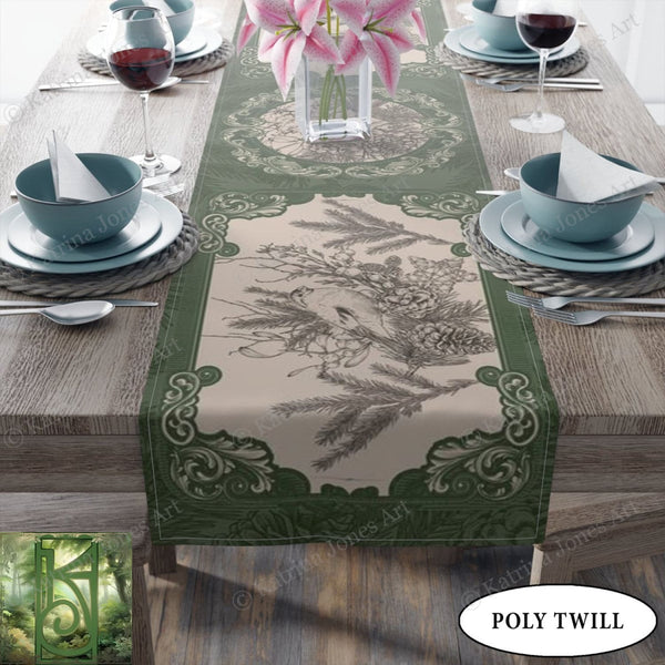 Green Woodland Bird Altar Cloth Table Runner For Tarot Reading And Witch Decor
