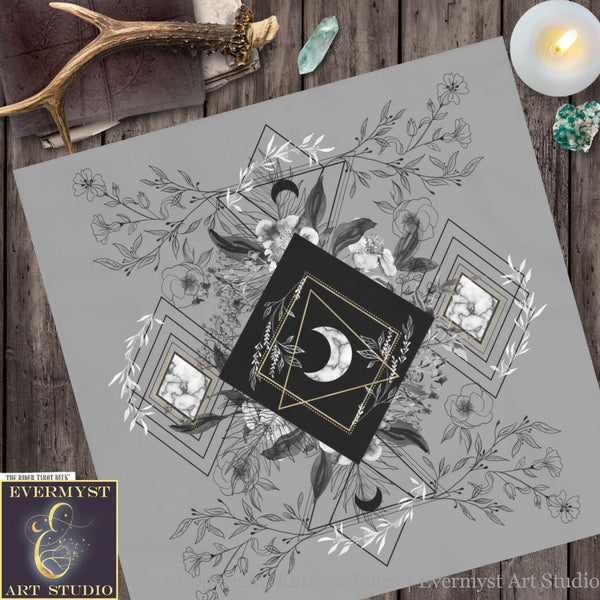 Tarot And Crystal Cloth - Grey Botanical Moon Altar Decor Square