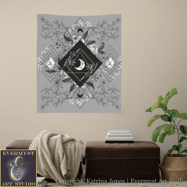 Tarot And Crystal Cloth - Grey Botanical Moon Altar Decor Square