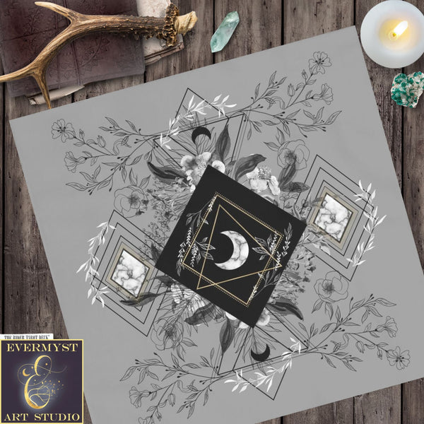 Tarot And Crystal Cloth - Grey Botanical Moon Altar Decor Square