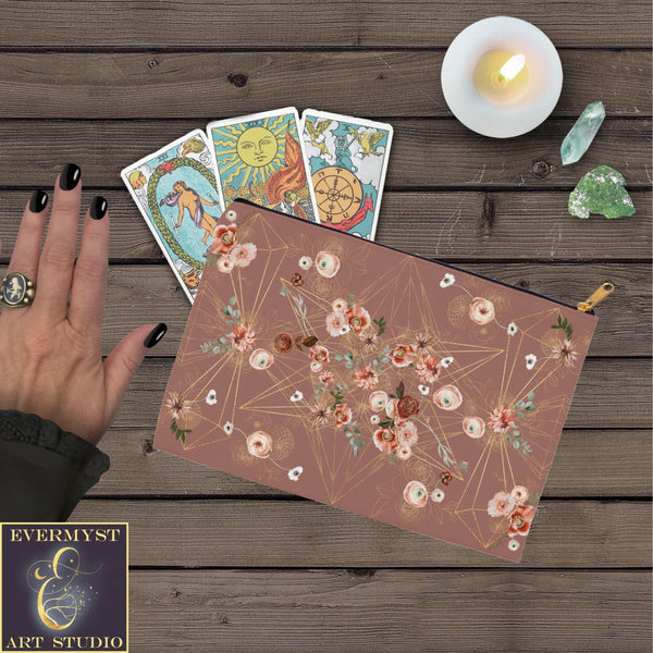 Floral Geometric Earthy Colors Accessory Pouches Vintage Design Witch Wicca Pagan Decor Zippered