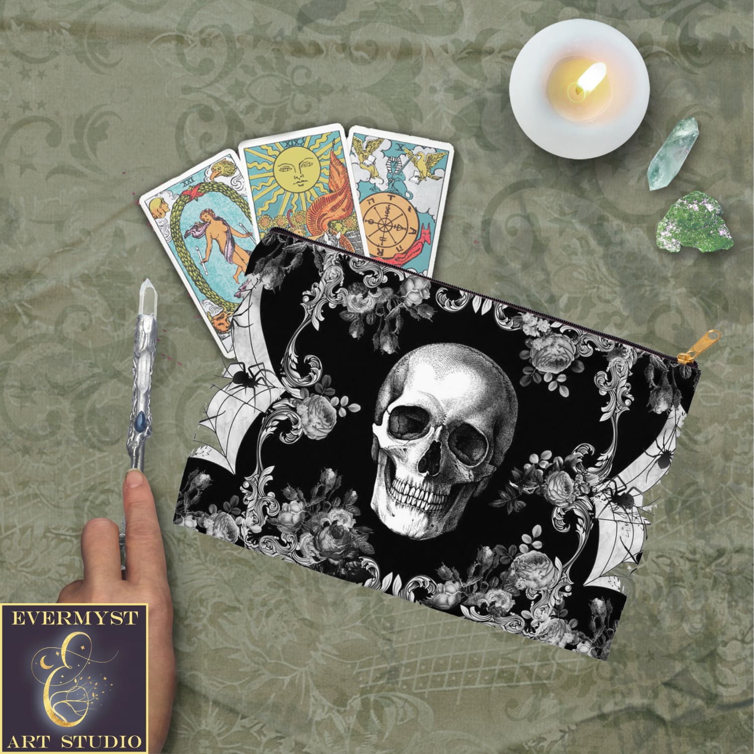 Gothic Glam Skull Accessory Pouches Vintage Design Witch Wicca Pagan Decor Zippered Tarot Bag Pouch
