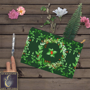 Holly Green Yule Accessory Pouches Vintage Design Witch Wicca Pagan Decor Zippered Tarot Bag Pouch