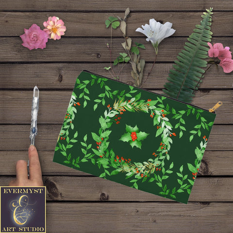 Holly Green Yule Accessory Pouches Vintage Design Witch Wicca Pagan Decor Zippered Tarot Bag Pouch