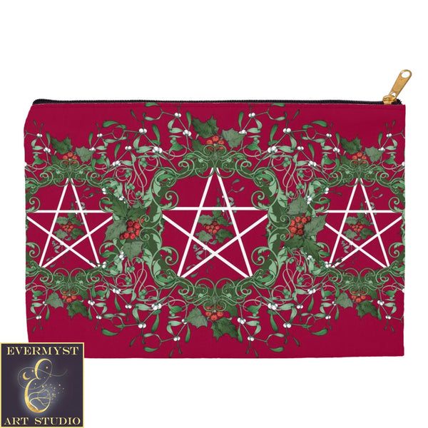 Holly Red Pentacle Yule Accessory Pouches Vintage Design Witch Wicca Pagan Decor Zippered Tarot Bag