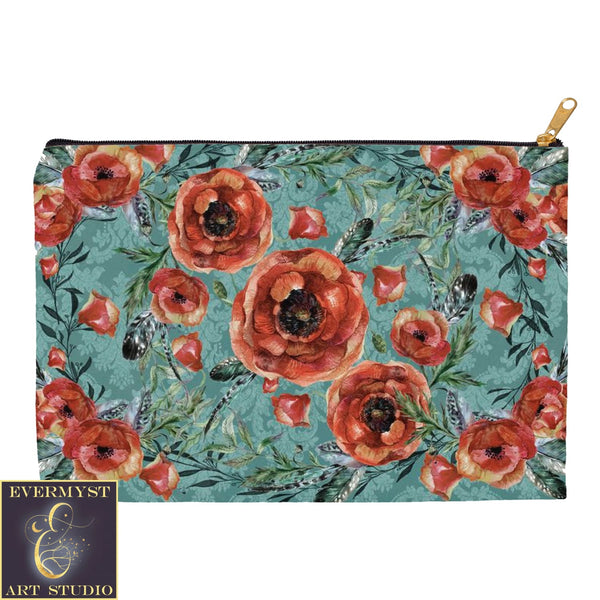 Poppy Floral Pattern Accessory Pouches Boho Flowers Witch Wicca Pagan Decor Zippered Tarot Bag Pouch