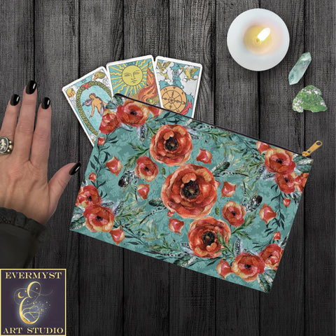 Poppy Floral Pattern Accessory Pouches Boho Flowers Witch Wicca Pagan Decor Zippered Tarot Bag Pouch