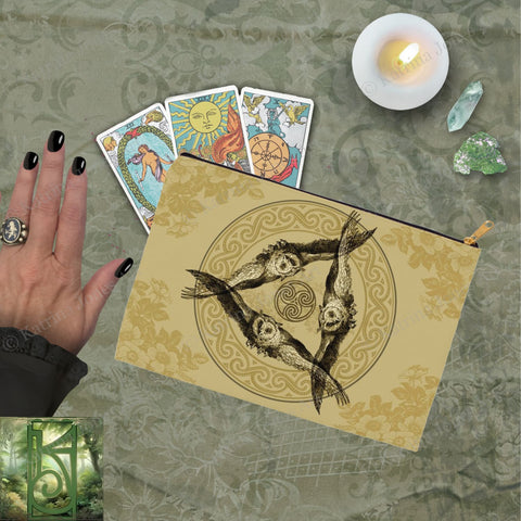 Triple Owl Accessory Pouches Vintage Design Athena Goddess Witch Wicca Pagan Decor Zippered Tarot