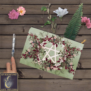 Winter Greens Yule Pentacle Accessory Pouches Vintage Design Witch Wicca Pagan Decor Zippered Tarot