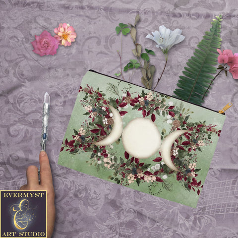 Winter Greens Yule Triple Moon Accessory Pouches Vintage Design Witch Wicca Pagan Decor Zippered