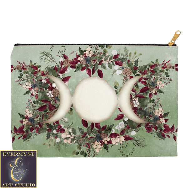 Winter Greens Yule Triple Moon Accessory Pouches Vintage Design Witch Wicca Pagan Decor Zippered
