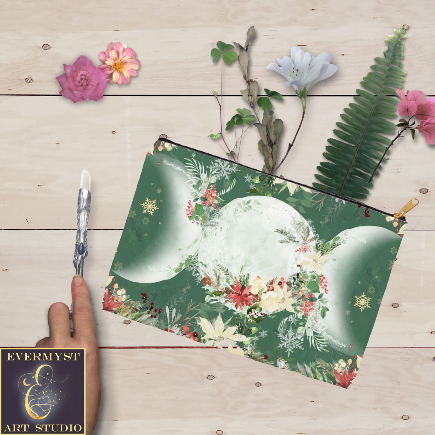 Yule Poinsettia Triple Moon Goddess Symbol Accessory Pouches Vintage Design Witch Wicca Pagan Decor