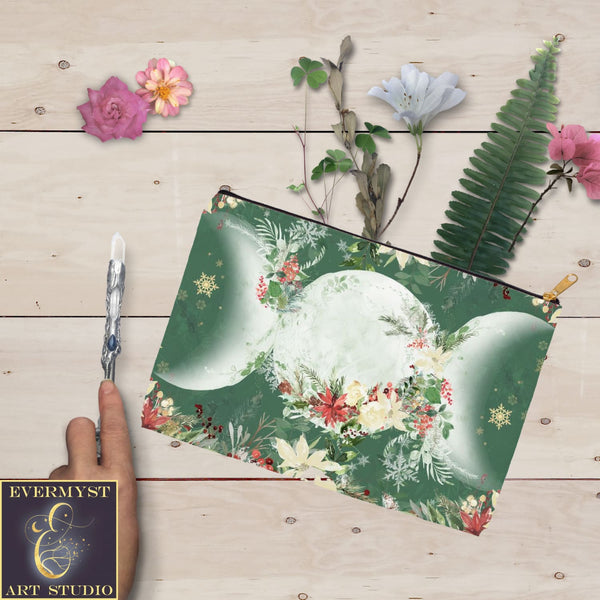 Yule Poinsettia Triple Moon Goddess Symbol Accessory Pouches Vintage Design Witch Wicca Pagan Decor