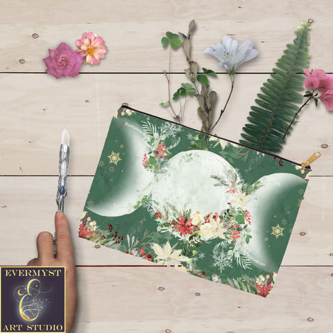 Yule Poinsettia Triple Moon Goddess Symbol Accessory Pouches Vintage Design Witch Wicca Pagan Decor