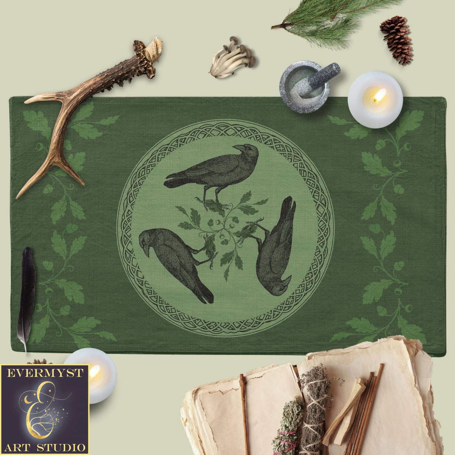 a green placemat with birds on it