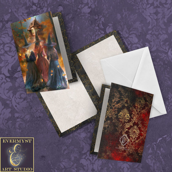 Three Witches Cottage Fall Greeting Card - Sister Witchy Samhain Forest Stationary Set Notecards