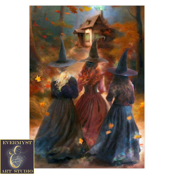 Three Witches Cottage Fall Greeting Card - Sister Witchy Samhain Forest Stationary Set Notecards