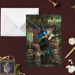 Time For Tea Witch Greeting Card Gothic Witchy Library Books Whimsical Blank Notecard