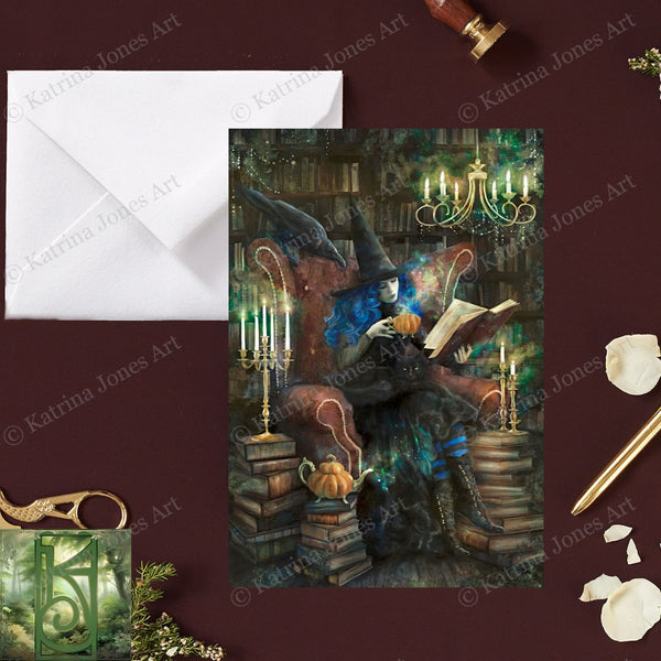 Time For Tea Witch Greeting Card Gothic Witchy Library Books Whimsical Blank Notecard