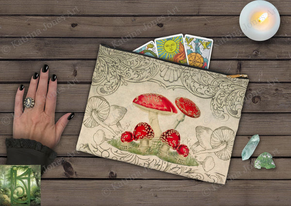 Toadstool Tarot Accessory Zippered Pouch Purse Oracle Deck Makeup Zip Cosmetic Bag Mushroom