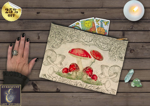 Toadstool Tarot Accessory Zippered Pouch Purse Oracle Deck Makeup Zip Cosmetic Bag Mushroom