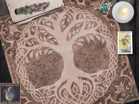 Tree Of Life Tarot Cloth - Celtic And Pagan Altar In Browntan 22X22 Inch Twill Square