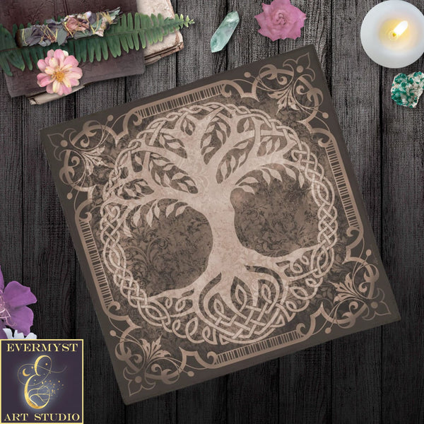 Tree Of Life Tarot Cloth - Celtic And Pagan Altar In Browntan Square