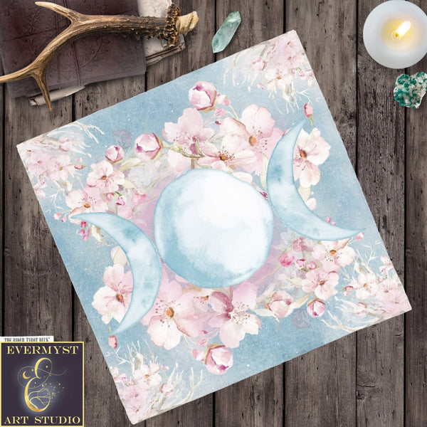 Triple Moon Altar Cloth - Spring Blossom Ostara Decor For Tarot Readings Square