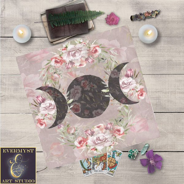 Triple Moon Altar Cloth - Wicca Pagan Floral Decor For Tarot Or Rituals Square