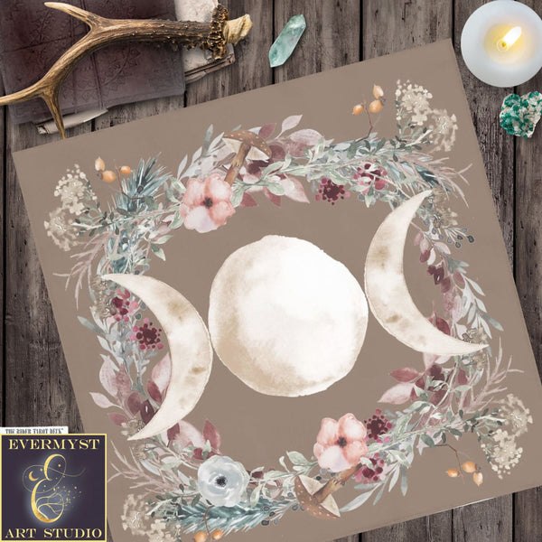 Triple Moon Altar Cloth With Woodland Nature Design - Witch Wicca Pagan Square