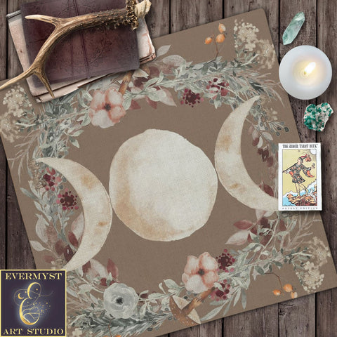 Triple Moon Altar Cloth With Woodland Nature Design - Witch Wicca Pagan Square