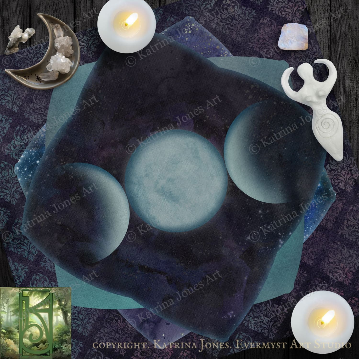 Triple Moon and Stars Square Altar Cloth Tarot Mat Altar Cloth Square