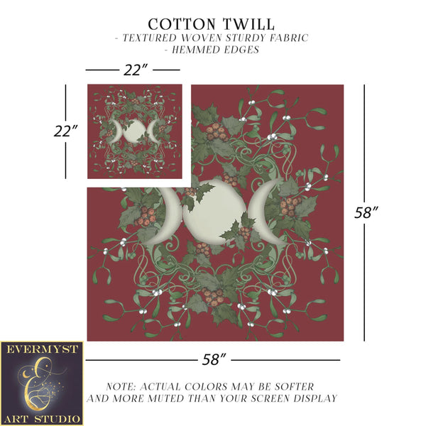 Triple Moon Goddess Altar Cloth - Yule Red Holly Tarot Reading Mat Square